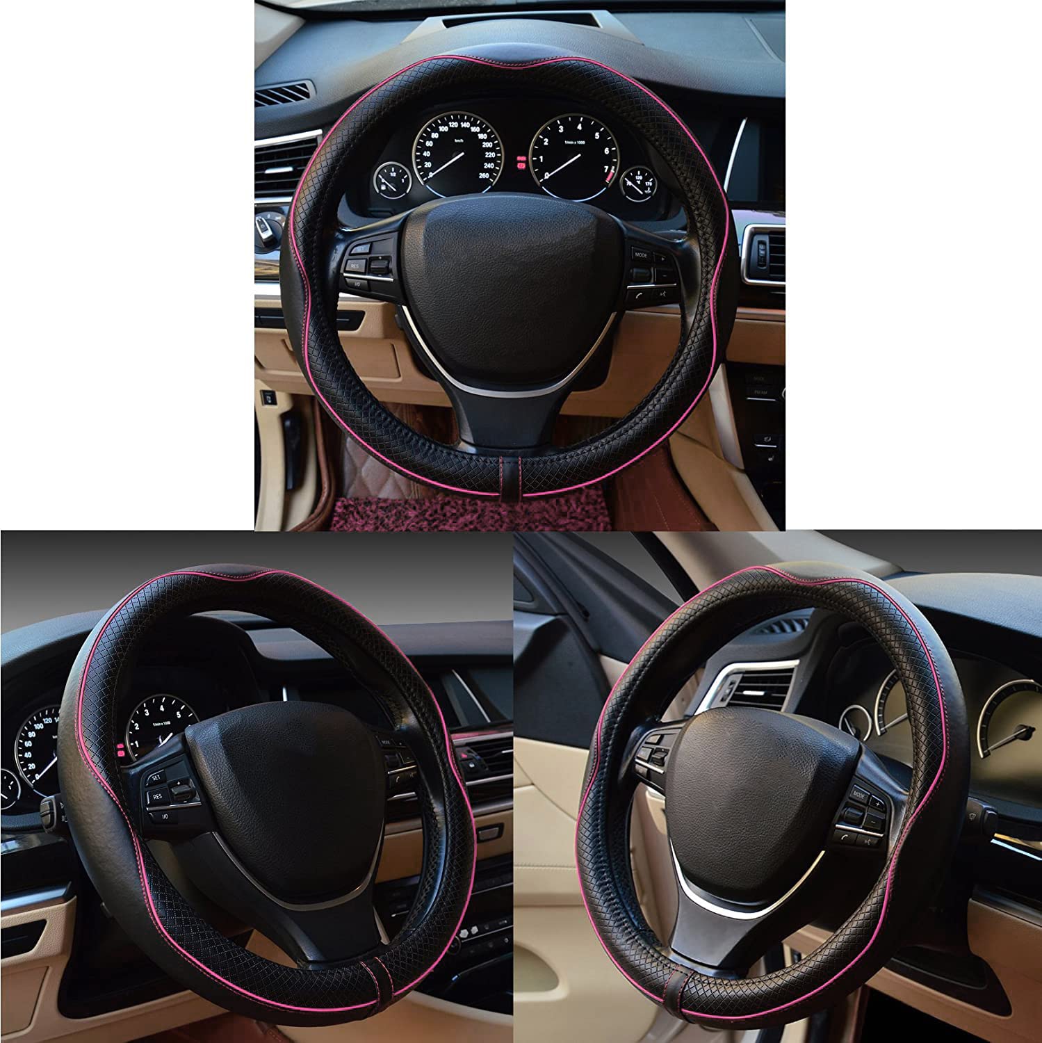 Car Steering Wheel Cover, Anti-Slip, Safety, Soft, Breathable, Heavy Duty, Thick, Full Surround, Sports Style (Black with Pink L