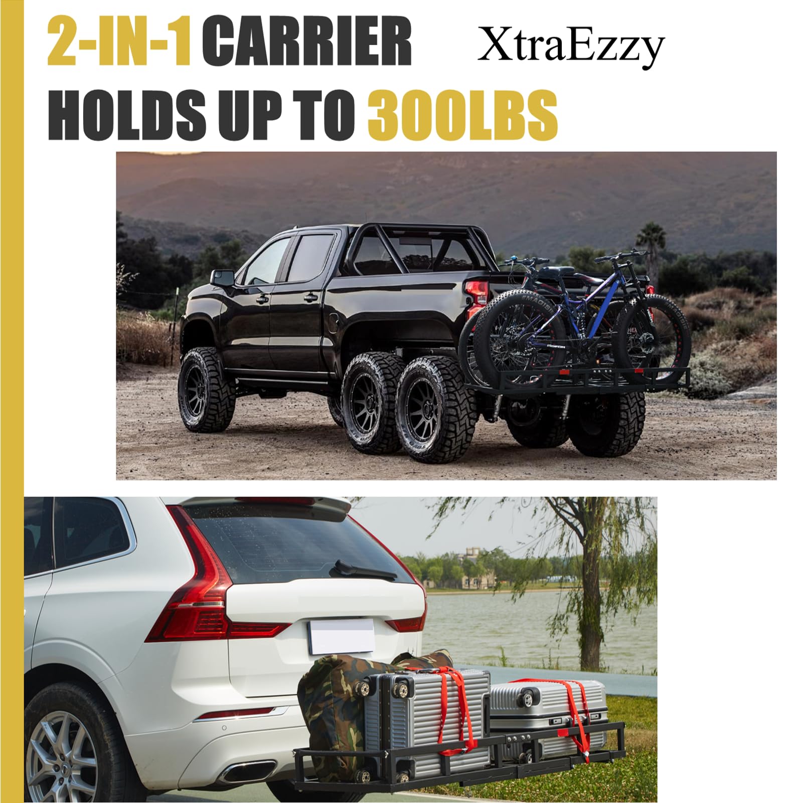 Hitch-Mount Bike Rack for Ebike Heavy-Duty - Comes with Cargo Carrier Fits 2 Electric Fat-Tire Mountain Bicycles Fits 2'' Receiv