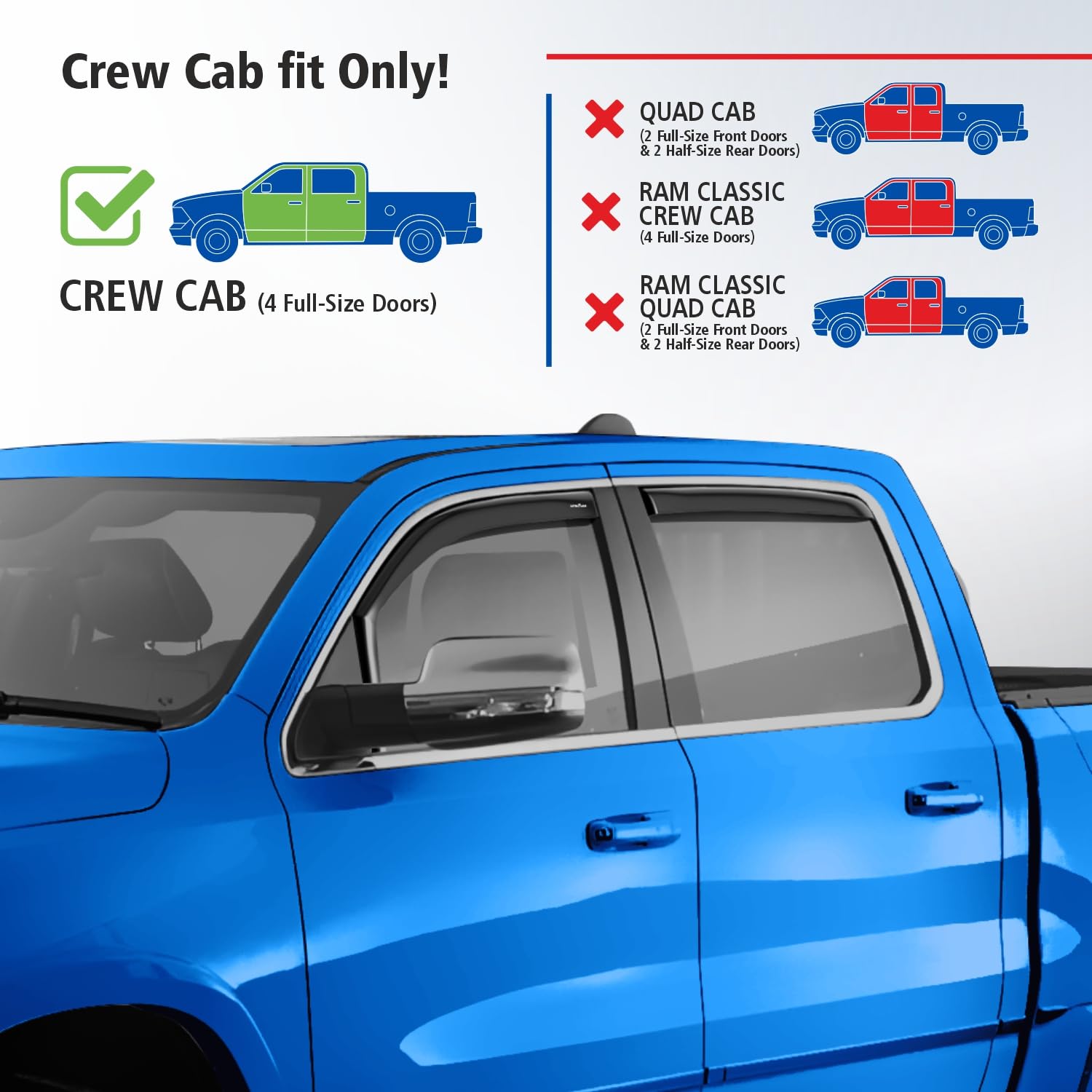 Goodyear Shatterproof In-Channel Window Deflectors For Trucks Dodge Ram 1500 2019-2025 Crew Cab, Rain Guards, Window Visors For