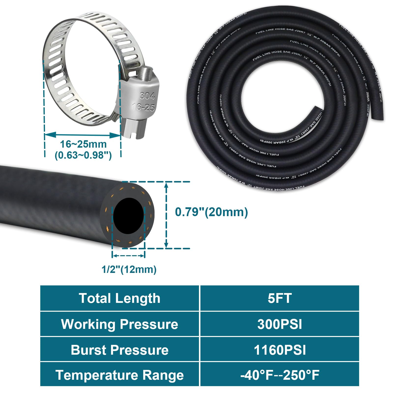 Vwtni 1/2 Fuel Line, Fuel Line Hose 5 Feet, Nbr Rubber Gasoline Tube With 5Pcs Stainless Steel Clamps
