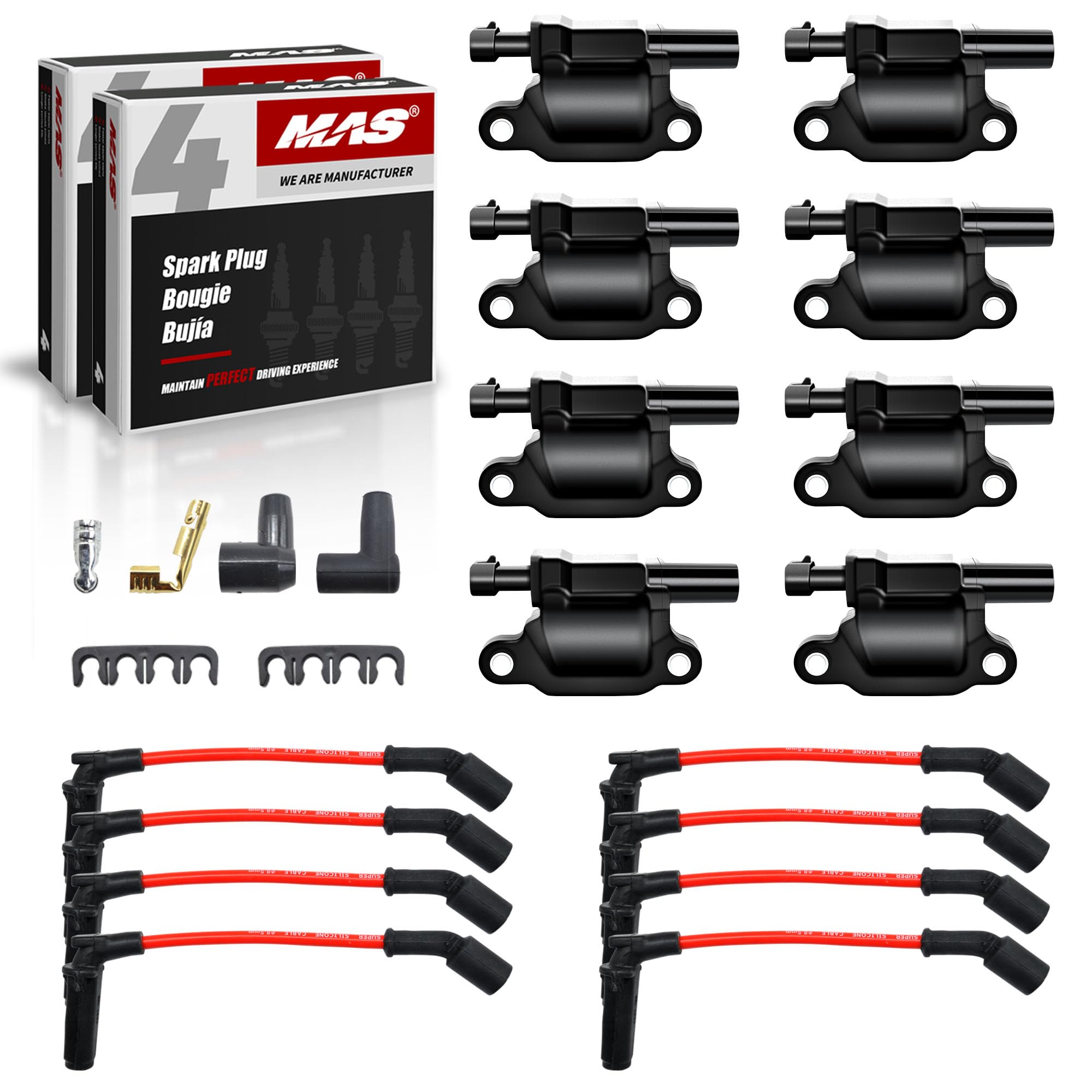 MAS 8 Pack UF413 Ignition Coil & Iridium Spark Plug and 8.5mm Wires Set Compatible with Buick Cadillac Chevy GMC Hummer Escalade