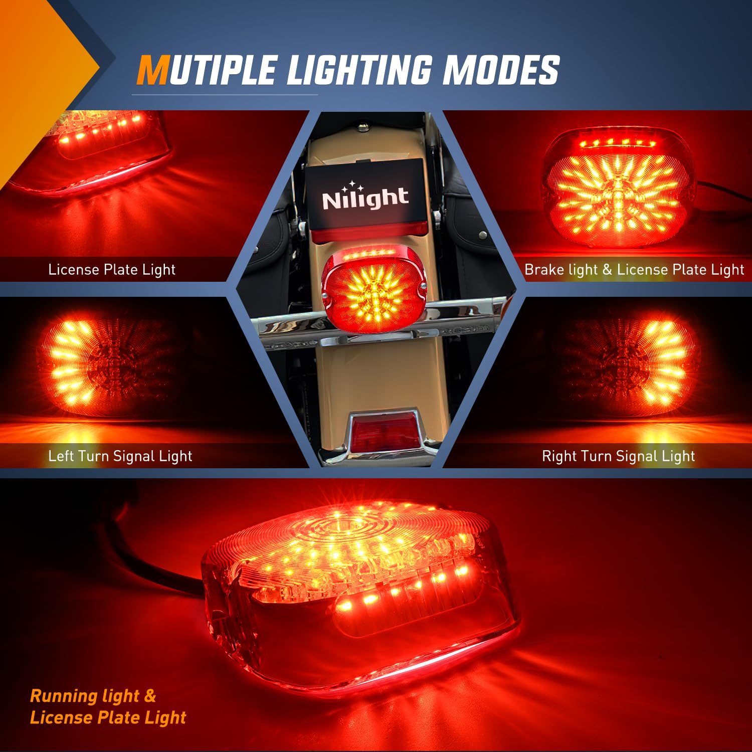 Nilight Led Tail Light Motorcycle Brake Turn Signal Driving License Plate Rear Lights Red Housing Plug And Play Compatible With