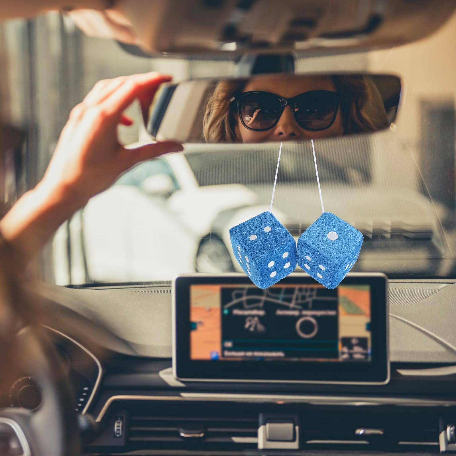 Fuzzy Dice For Rear View Mirror, Blue Fuzzy Dice For Car Mirror, 2.75Inch Pair Of Plush Retro Square Hanging Dice With White Dot