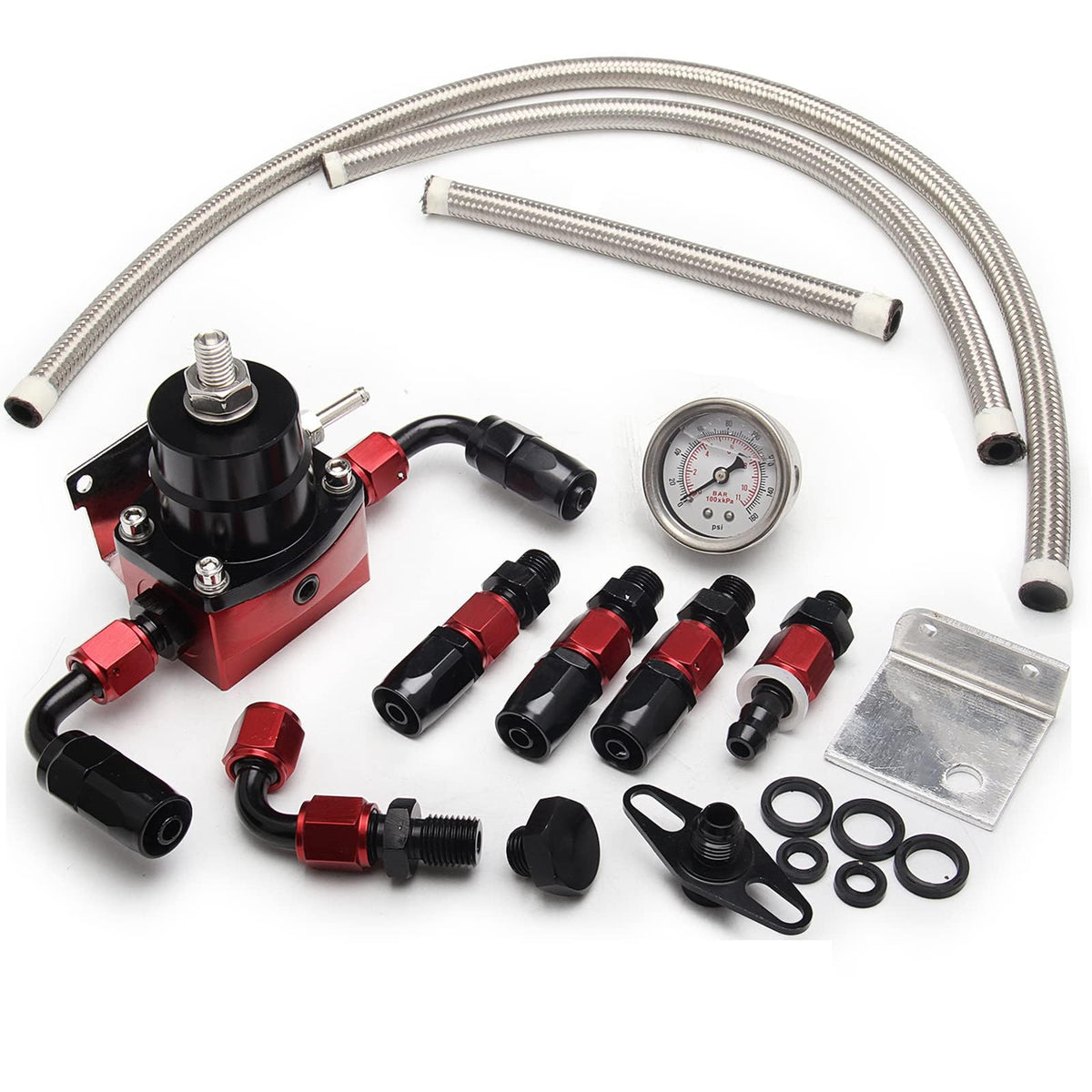 YESHMA EFI Fuel Pressure Regulator Kit 0-100psi with Gauge 6AN Fuel Line Fitting Universal Adjustable Aluminum (Black+Red)
