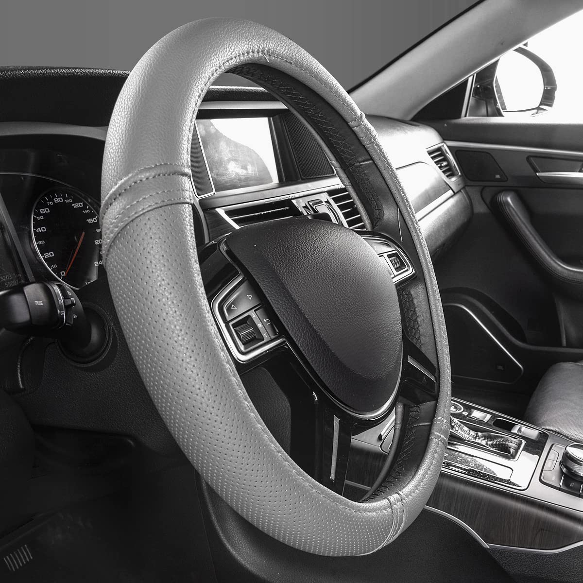 Car Pass Classical Leather Automotive Universal Steering Wheel Covers,Universal Fit For Suvs,Trucks,Sedans,Cars,Vans(Gray)