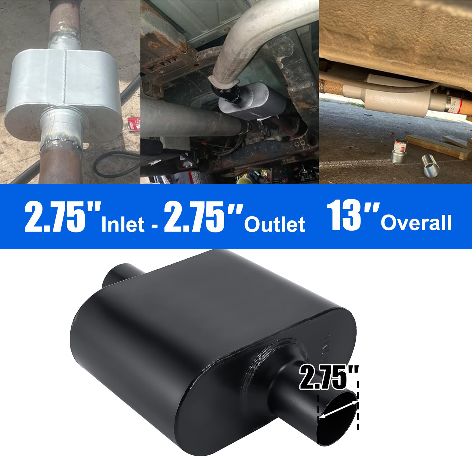 Floshine Universal Mufflers,Performance Automotive Exhaust Muffler,Single Chamber 2.75 Inch Inlet (Id) 2.75 Inch Outlet (Id) Bla