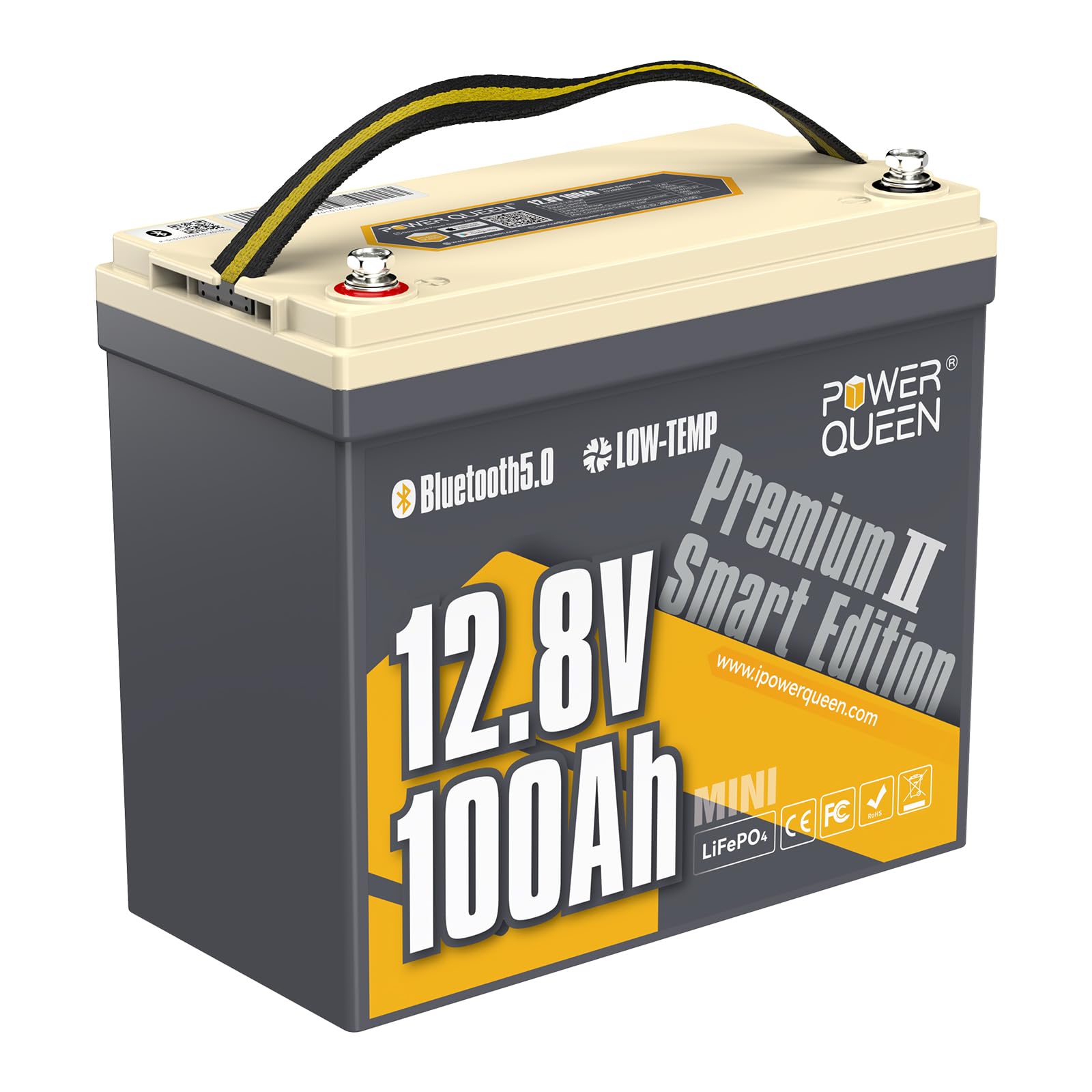 Power Queen 12V 100Ah Mini Lifepo4 Battery With Bluetooth, Low Temp Cut-Off, 12V Lithium Battery 100A Smart Bms, Support Monitor