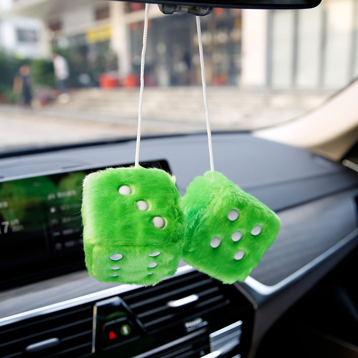 Ygmoner Pair Of Retro Square Mirror Hanging Couple Fuzzy Plush Dice With Dots For Car Decoration (Green)