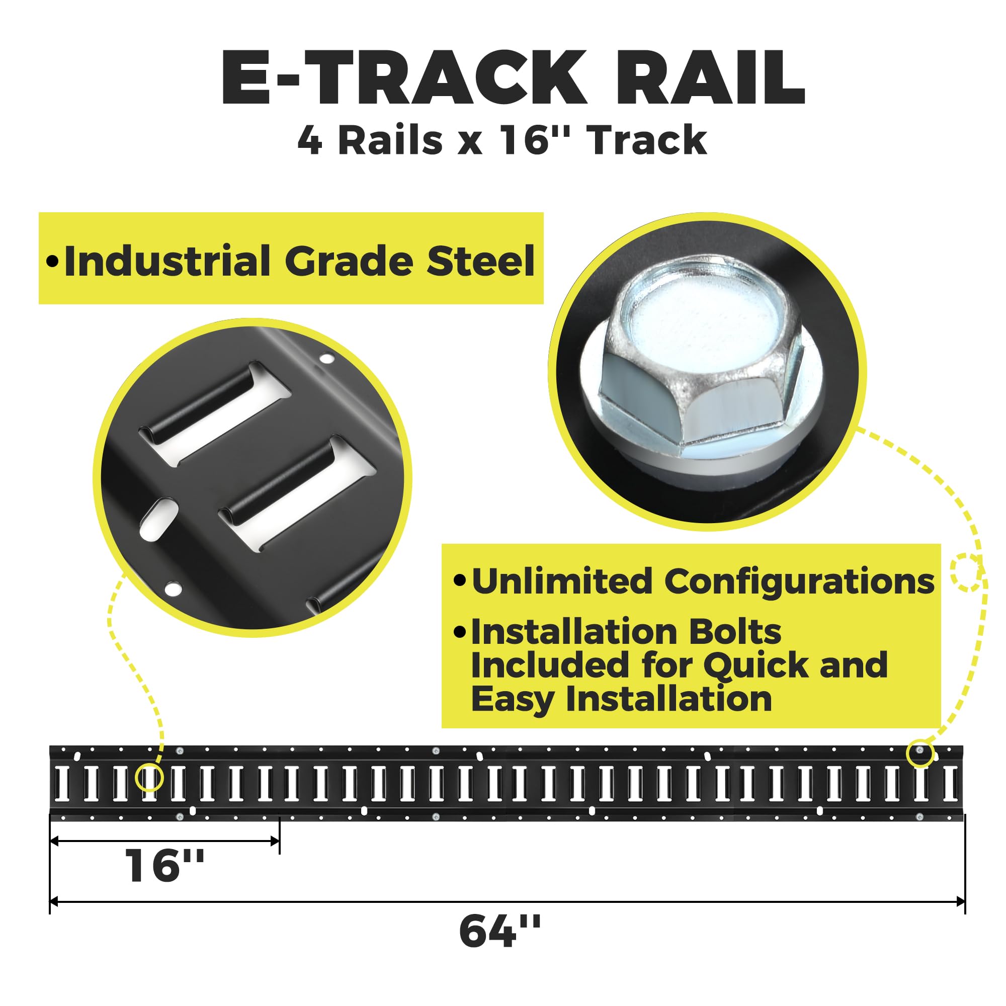 E Track Rail Tie-Down Kit - Trailer Tie Downs & Anchors, Cargo Control System - 4 Rails (16 Tracks) & E Track Accessories Kit -