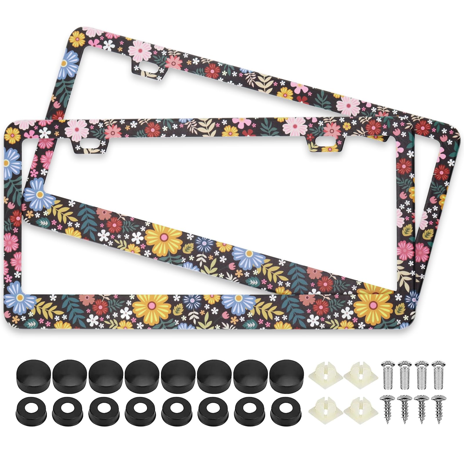 Personalise Colorful Floral Flowers License Plate Frames, 2 Pack Flowers Car Plate Frame, Stainless Steel License Plate Holders 