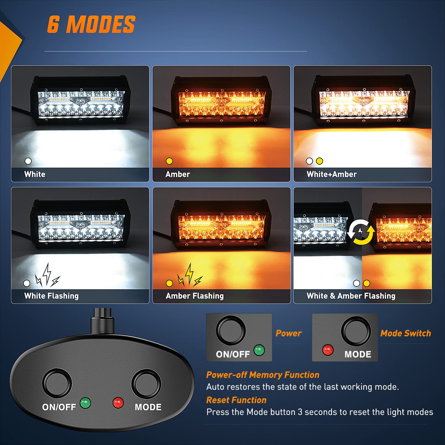 Nilight 2Pcs 6.5 Inch 120W Led Light Bar Amber White Strobe 6 Modes Memory Function Off-Road Truck Car Atv Suv Cabin Boat With 1