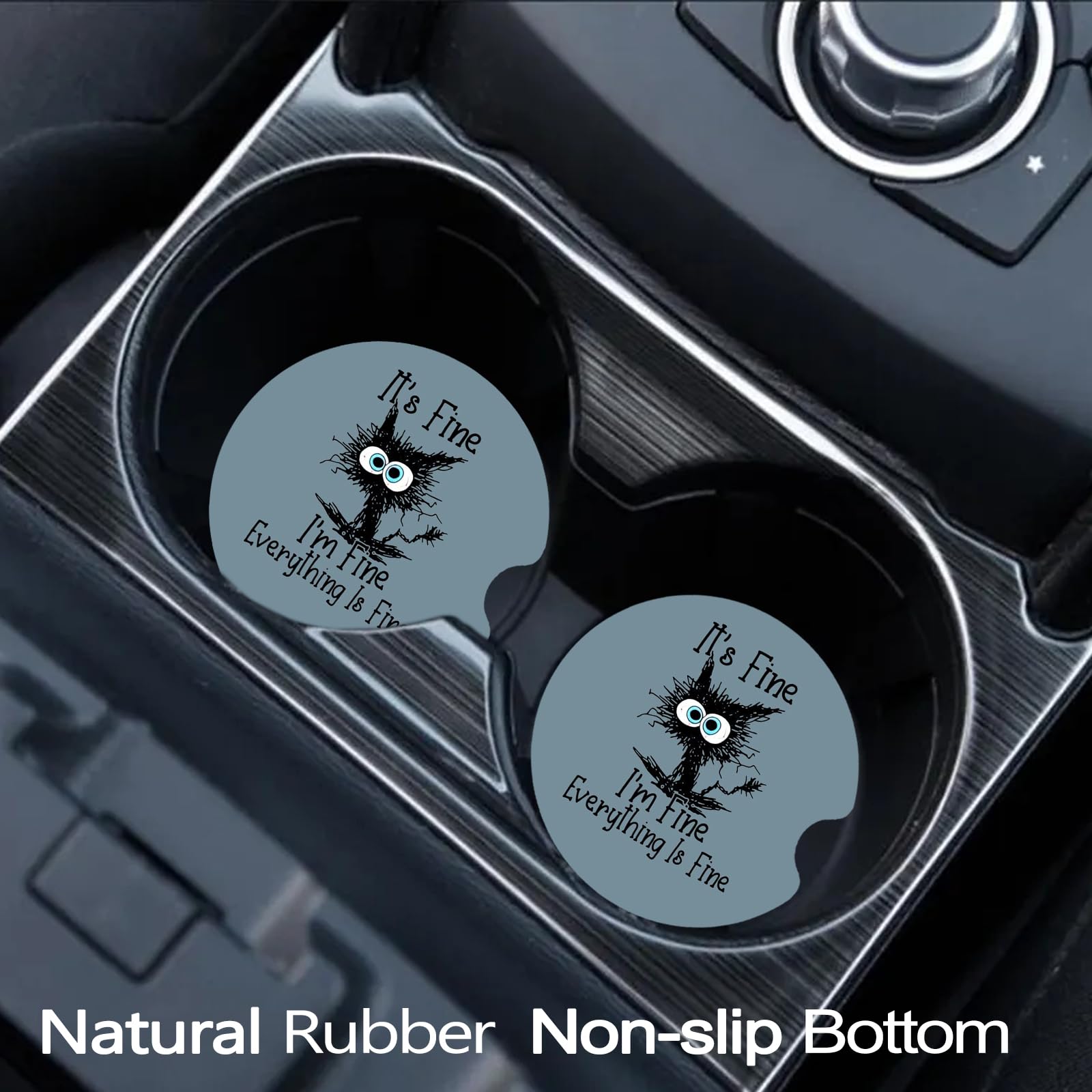 FJyuanqi Car Coasters for Cup Holders, 2 Pack Anti Slip Universal Rubber Coasters - I'm Fine Funny Cat