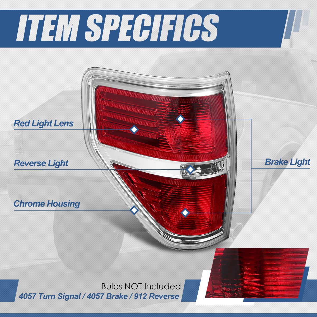 Auto Dynasty Factory Style Rear Tail Lights Brake Lamps Compatible With Ford F-150 09-14, Driver Left Side, Chrome Trim Red Lens