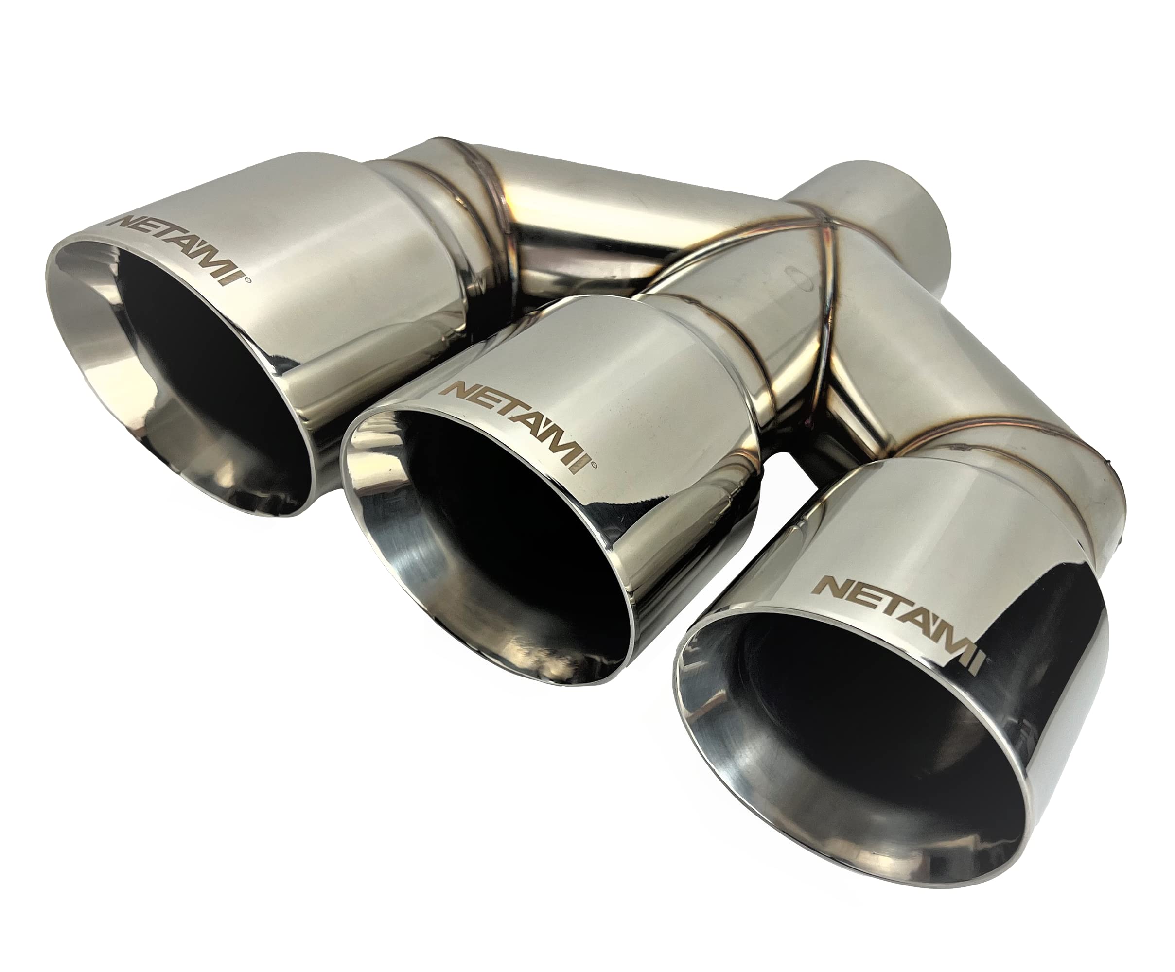 NETAMI 3'' Inlet to 4'' Triple Outlets Stainless Steel Exhaust Tip Dual Wall Chrome Polished