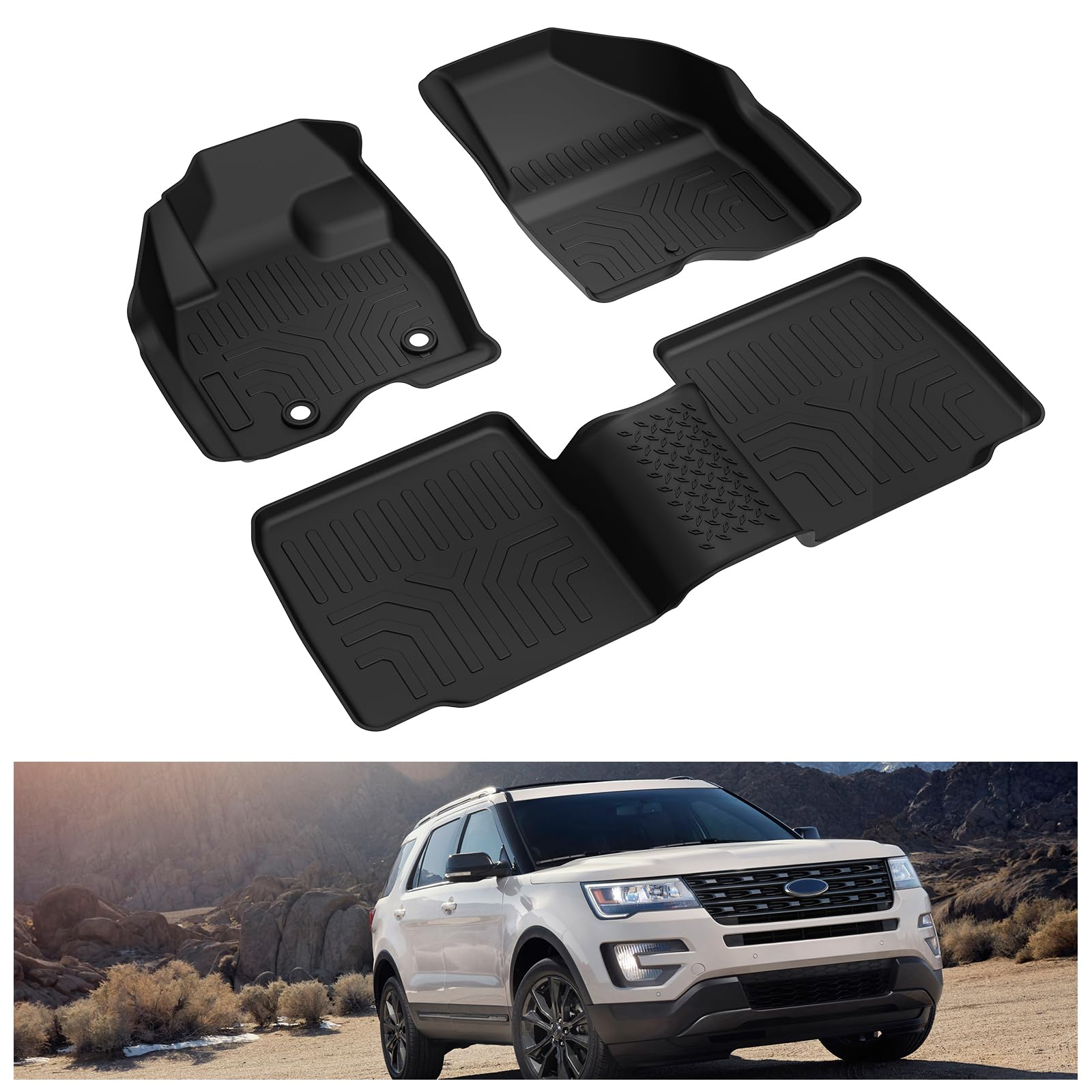 Kiwi Master Floor Mats For 2015-2019 Ford Explorer All Weather Mat Liners Front & 2Nd 2 Row Seat Tpe Slush Liner Black