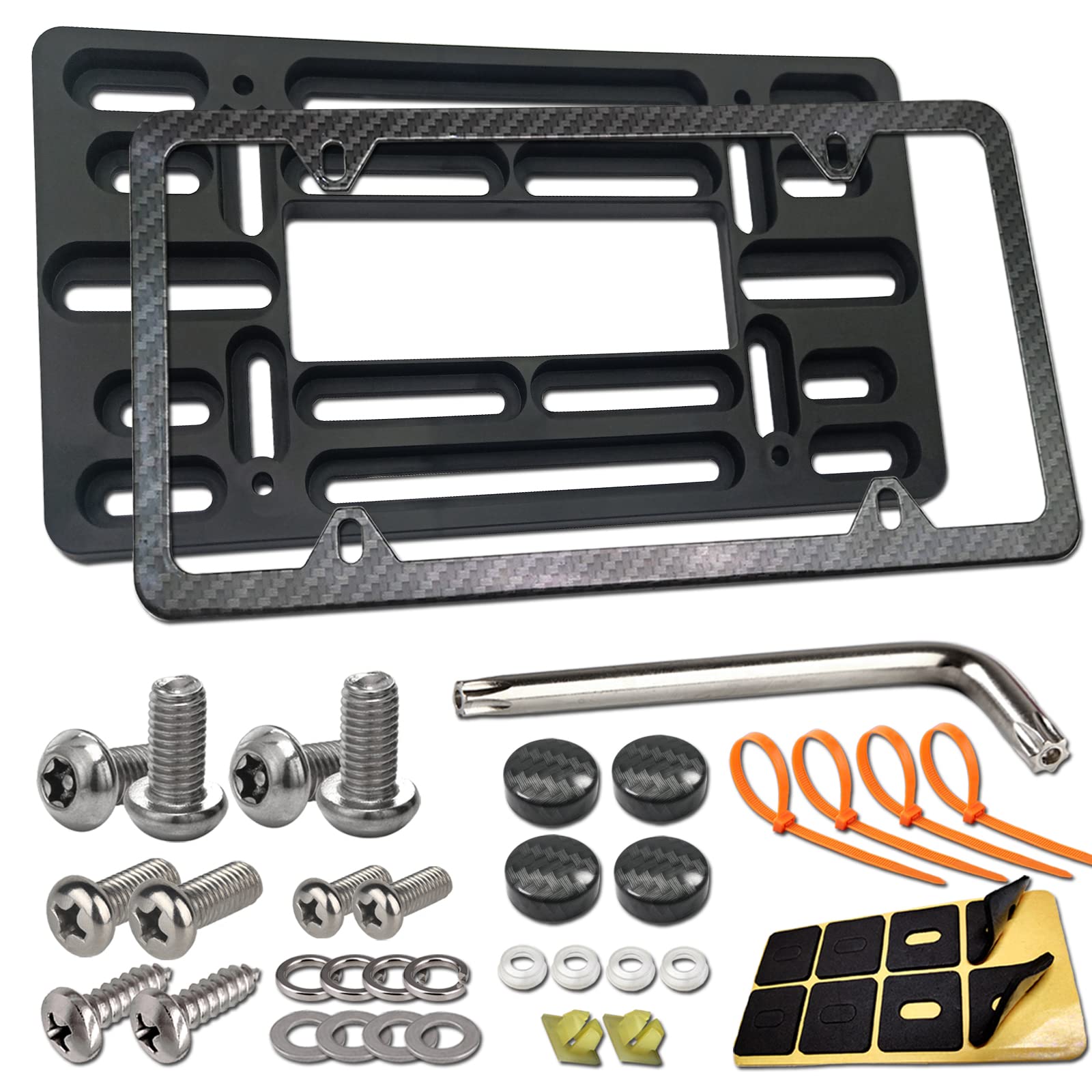 Aootf Front License Plate Bracket- Universal Front Bumper License Plate Mounting Kit, Car Tag Holder Adapter& Carbon Fiber Plate Cover, Anti-Theft Lock Screws, Caps, Nuts, For Us Vehicle Trailer Truck