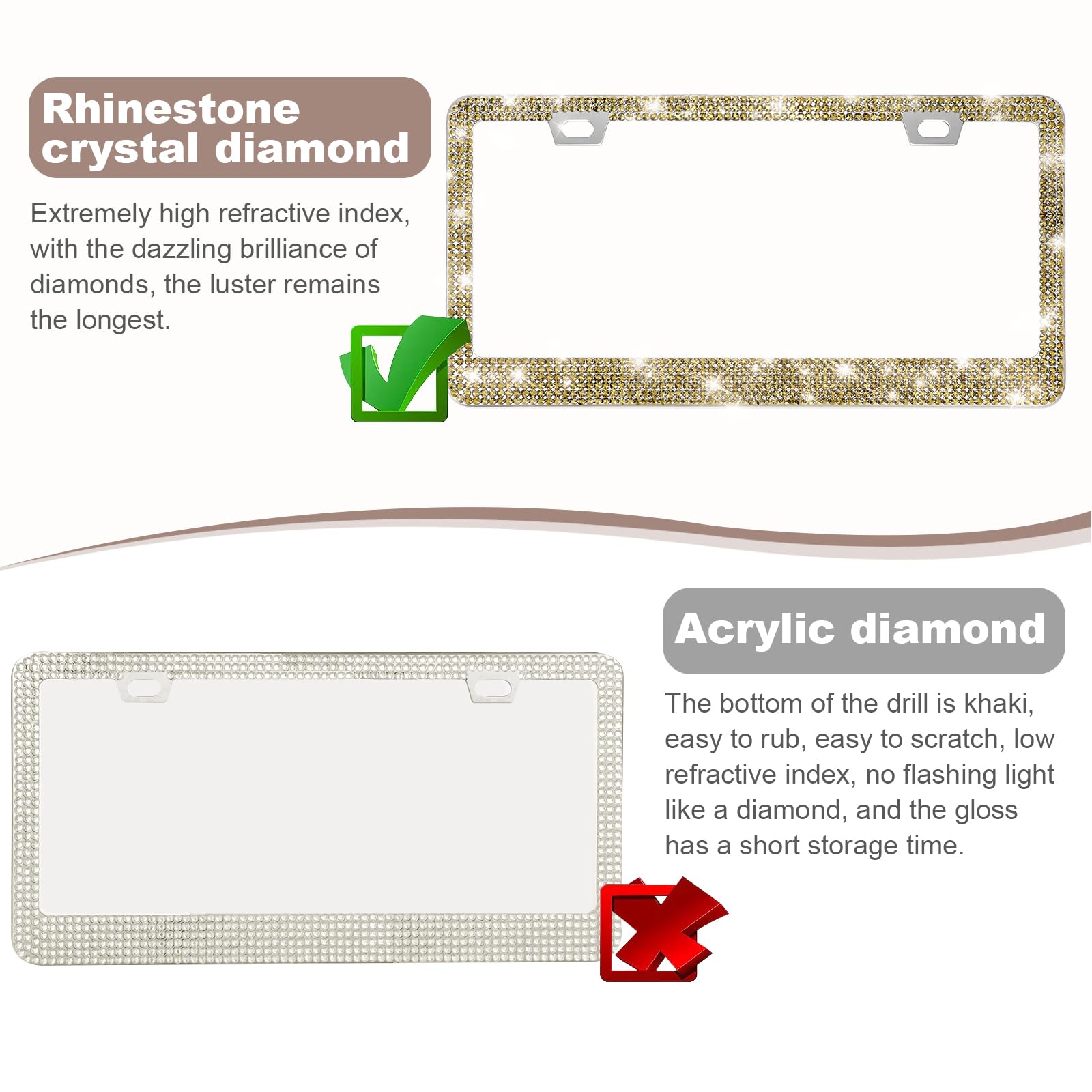 Quanqiufei 2 Pack Bling License Plate Frames For Women, Sparkly Rhinestone Diamond Car Accessories With Glitter Crystal Caps (Go