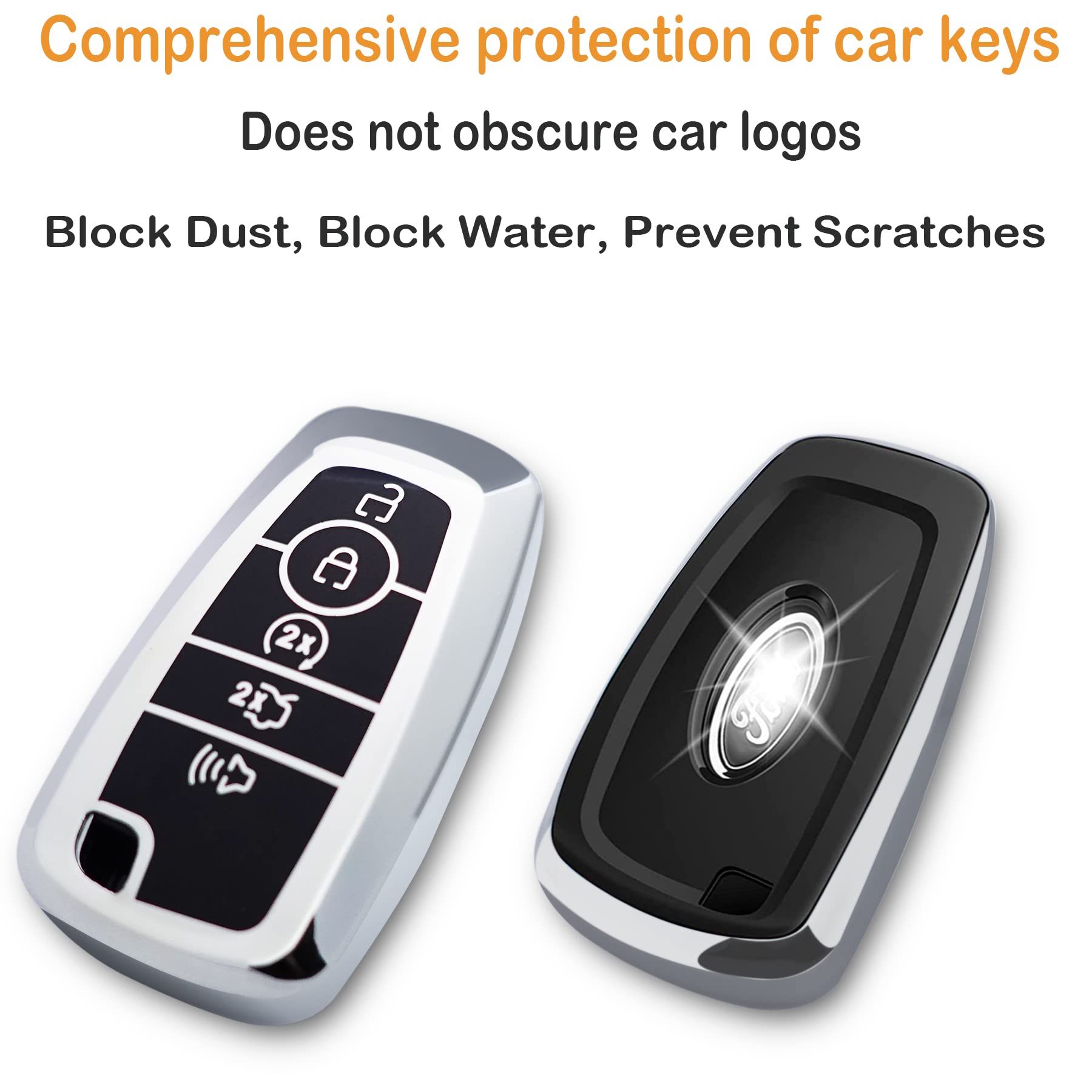 Kirsnda For Ford Key Fob Cover Case,With Keychain Fit Expedition For Mustang Fusion Raptor F250 F350 F450 F550 Edge Explorer Smart Remote Vehicle Accessories,Soft Tpu Key Case,5 Buttons(Silver)