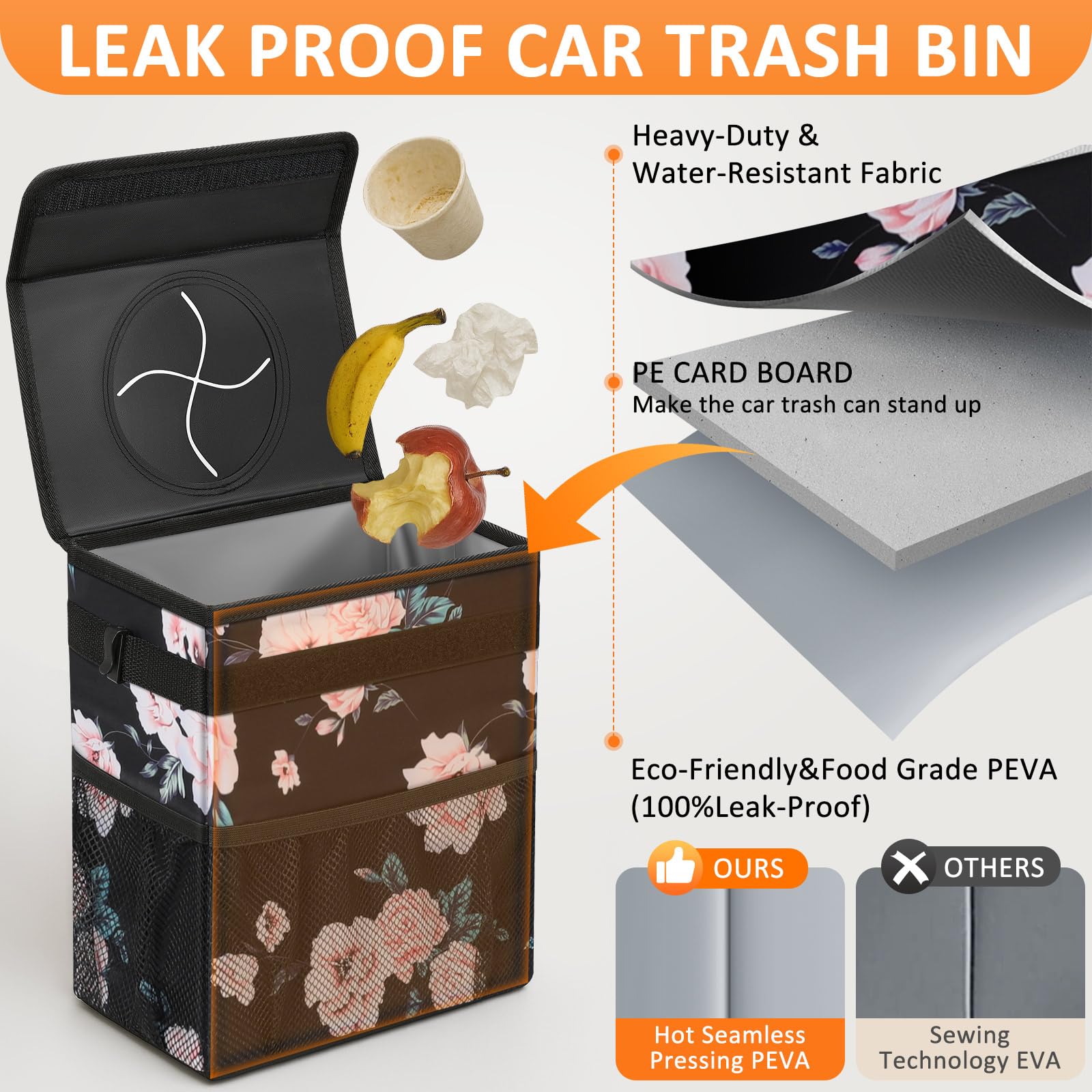 Vankor 3 Gallons Car Trash Can With Lid, Car Bag Bin Hanging Waterproof Automotive Garbage Cans Leak Proof Vehicle Trash Can Bla