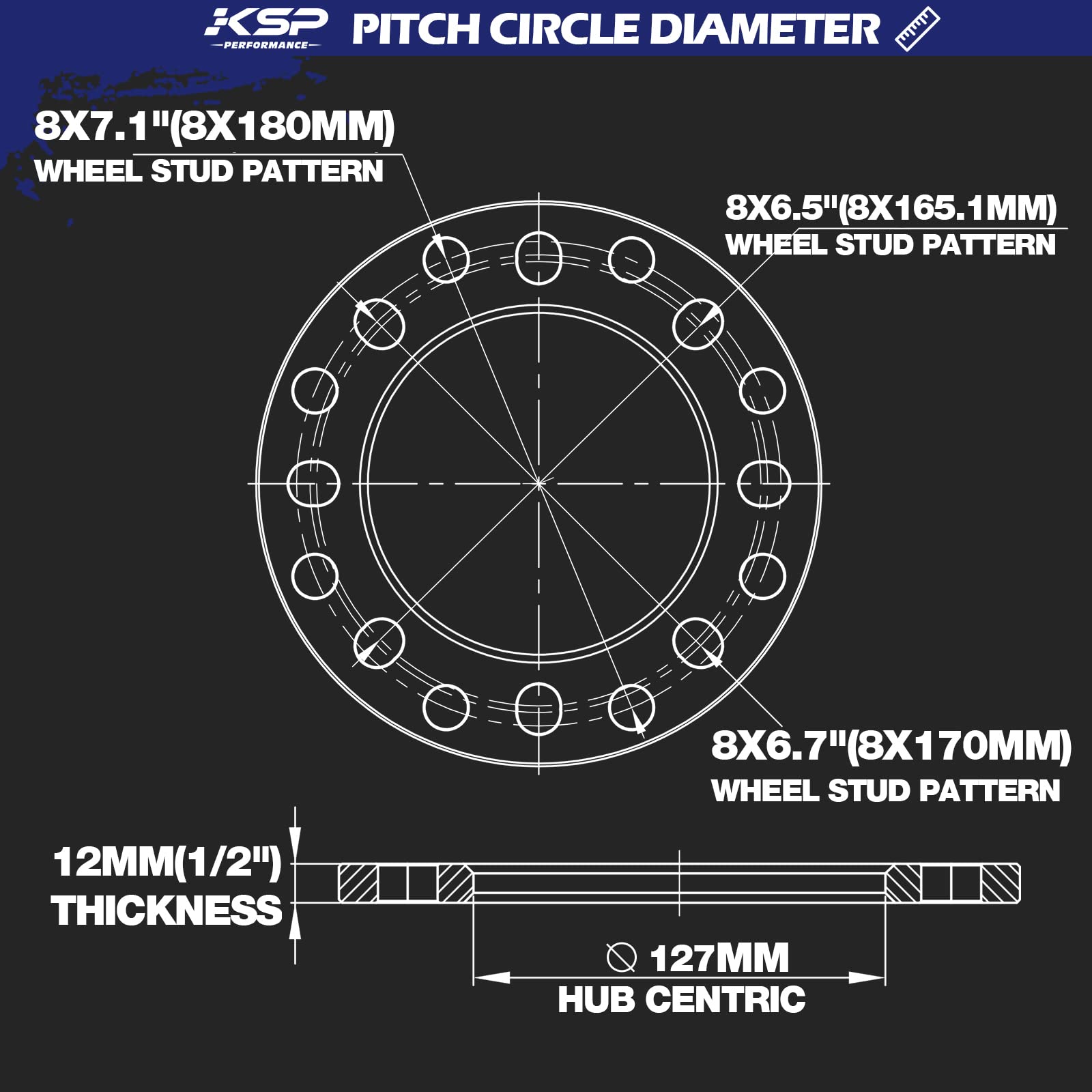 KSP PERFORMANCE 8 Lug Universal Wheel Spacers 12mm 8x6.5 8x165.1 2PCS Silver Model 6073-12T for Ford Ram Silverado