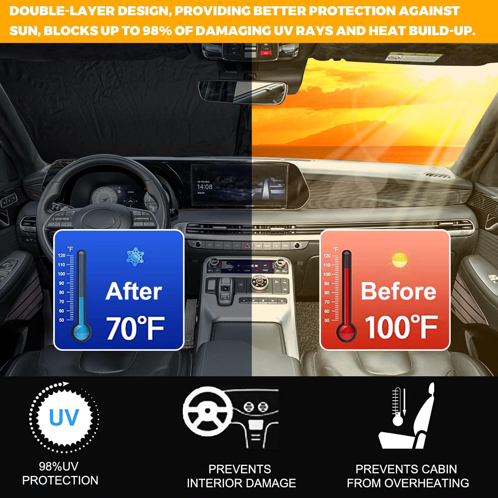 Sun Shade for Car Windshield Fit Hyundai Palisade 2020-2025 Window Shades 240T Polyester Windshield Sunshade Foldable Blocks UV