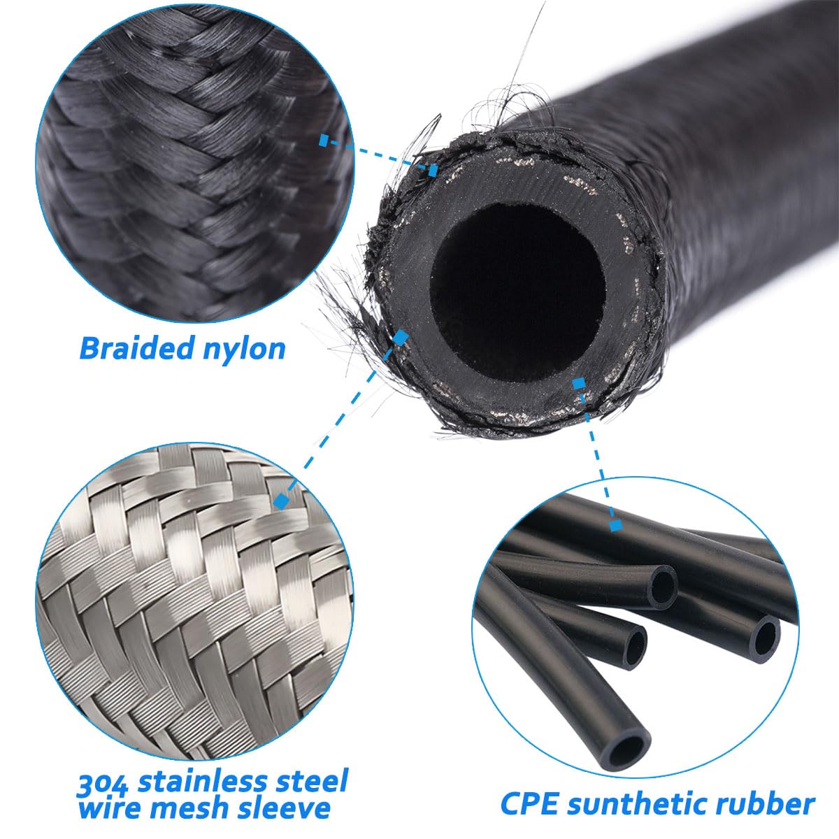 3/8 6AN 12FT Fuel Line Hose Kit, Nylon Stainless Steel Braided Fuel Line Oil/Gas/Fuel Hose End Fitting Hose with 6PCS Swivel Fue