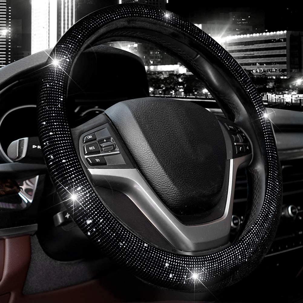 Valleycomfy Steering Wheel Cover For Women 15 1/2 Inches-16 Inches Bling Bling Crystal Diamond Sparkling For F150 F250 F350 Ram 
