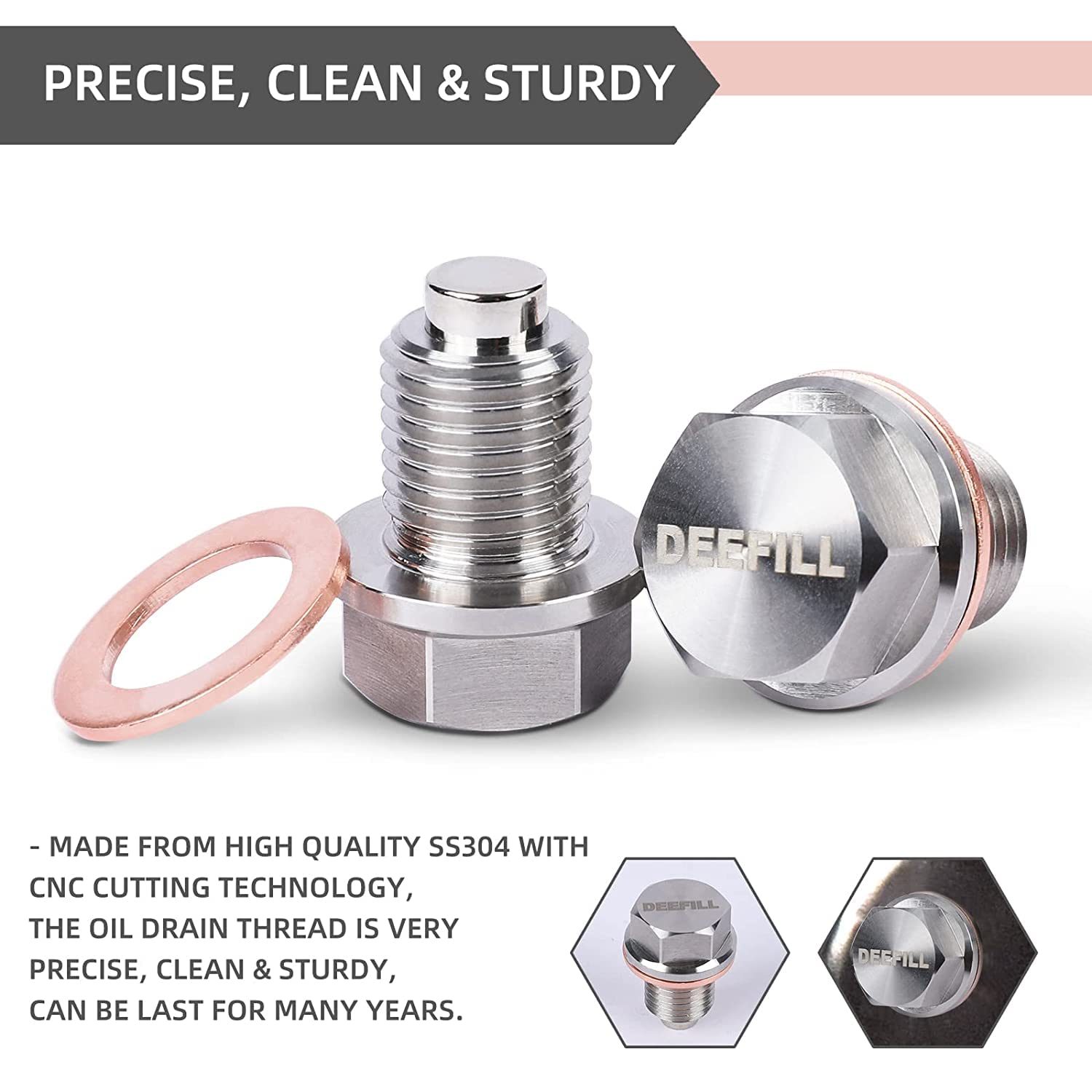 DEEFILL M14 x 1.5 Magnetic Oil Drain Plug, Stainless Steel Oil Drain Plug with Copper Crush Washer Replacement for Ford, GM, Hyu