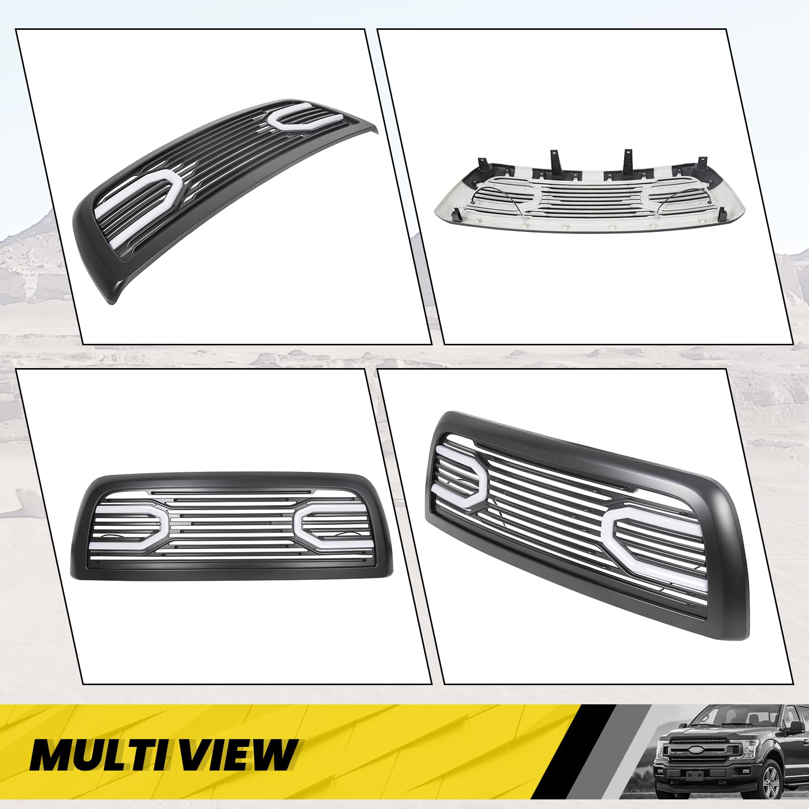 Kuafu Front Hood Bumper Grille Grill W/Replacement Shell Led Lights Compatible With 2010 2011-2018 Dodge Ram 2500 3500 4500 Big Horn Horizontal Style Bumper Grill Abs