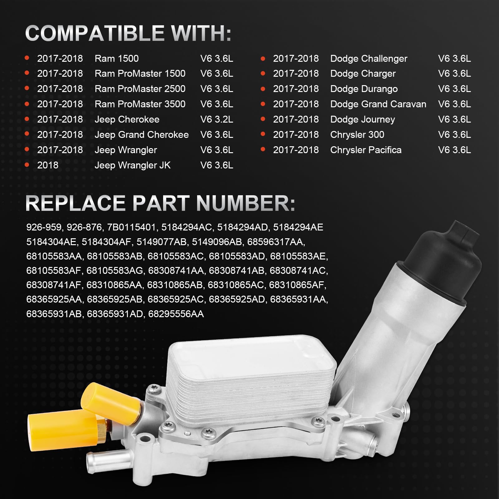Temsone 926-959 Upgraed Aluminum Engine Oil Filter Housing Oil Cooler Kit With Gaskets Sensors Compatible With 2017-2018 Chrysle