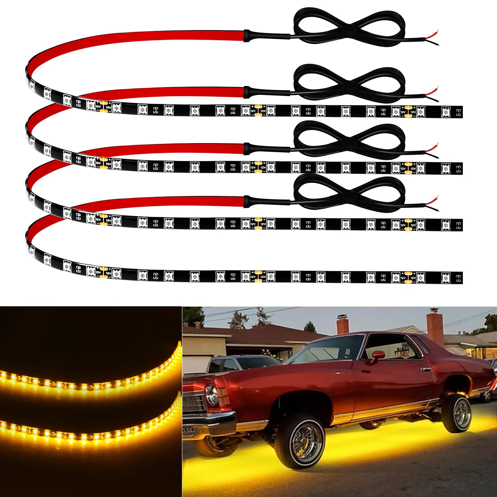 Car Led Strip Lights 24' Connectable Amber Led Light Strips For Cars Interior Lights Boat Marine Golf Cart Trucks Waterproof Yellow Led Strip 12V, 4Pack