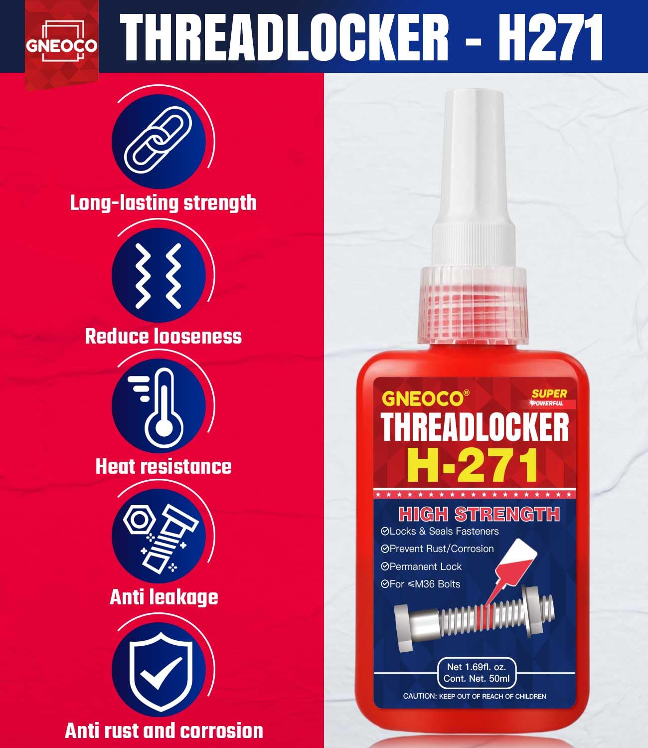 Threadlocker Red 271 1.69 Fl Oz/50 Ml, Thread Lock High Strength Lock Tight For Nuts, Bolts, Fasteners And Metals, Anaerobic Cur