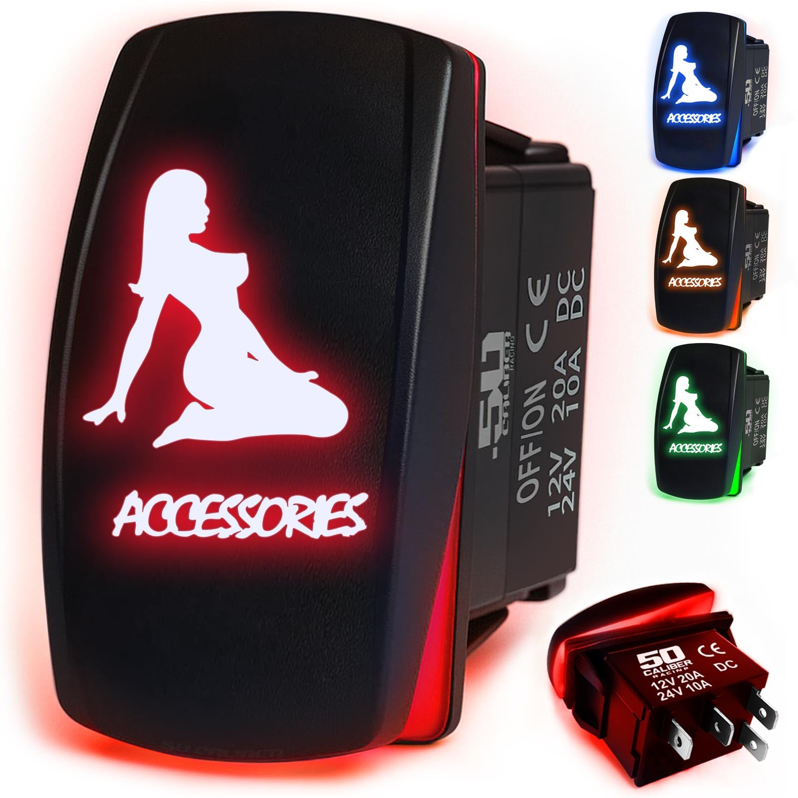 50 Caliber Racing Rocker Switch On/Off Led Backlit -Accessories Red - Utv, Auto, Boat 20A 12V [5359A24 Red]