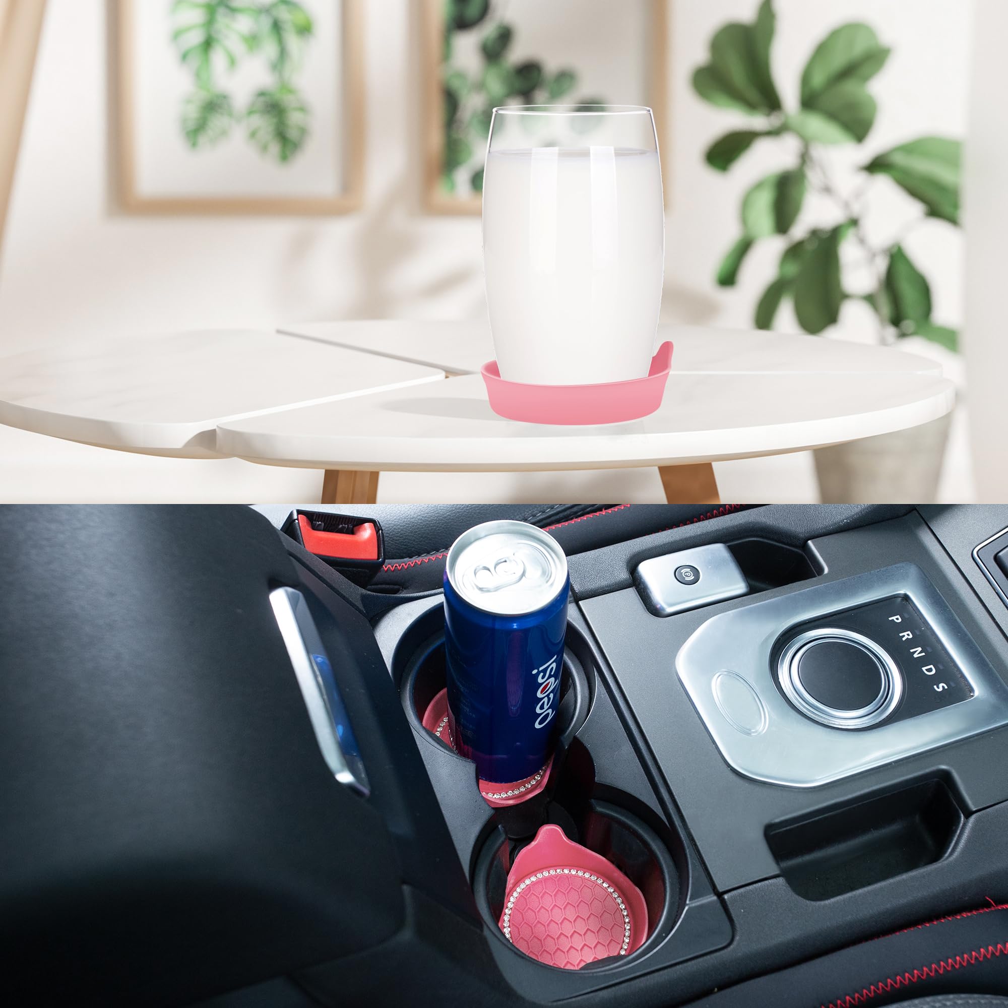 Amooca Car Cup Coaster Universal Non-Slip Cup Holders Bling Crystal Rhinestone Car Interior Accessories 4 Pack Peach Pink