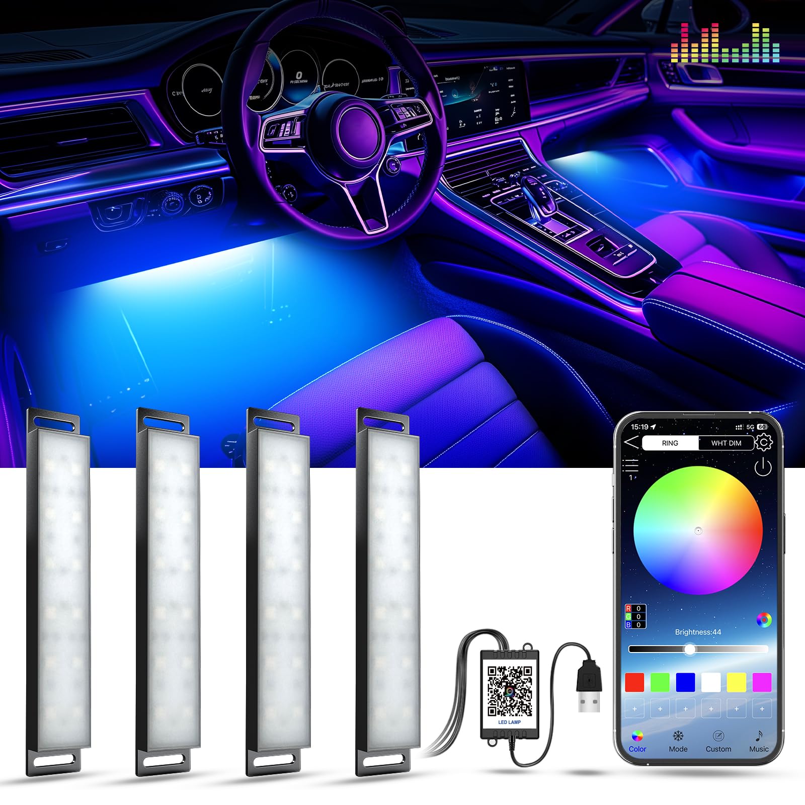 Yilaie Car Lights Interior, Multcolor Rgb Interior Lights With App Control And Music Sync, Usb Under Dash Lighting Kit With Char