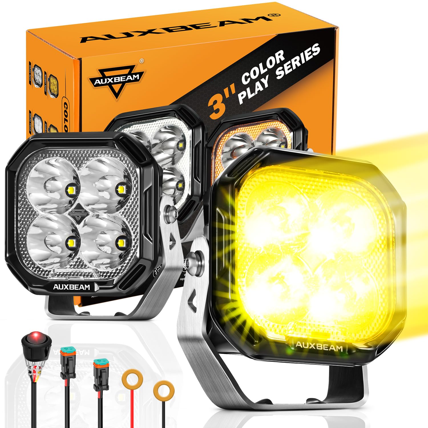 Auxbeam Color Play Series Spot Beam 3'' 100W Led Pods, Amber White Drl & Turn Signal, Dual Color Lens Covers, 11600Lm Cube Light