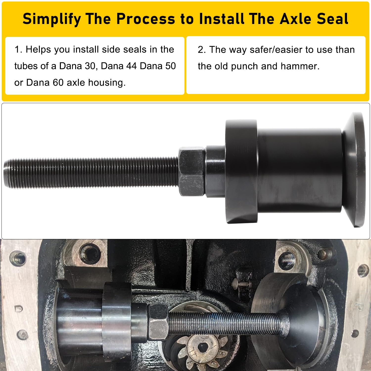Inner Axle Side Seal Installation Tool For Dana 30/44/60 Front & Rear Differentials Compatible With Jeep, Ford, Dodge, Volve Chevrolet, Gmc, International Scout, Jaguar, Isuzu, Mercury Mariner