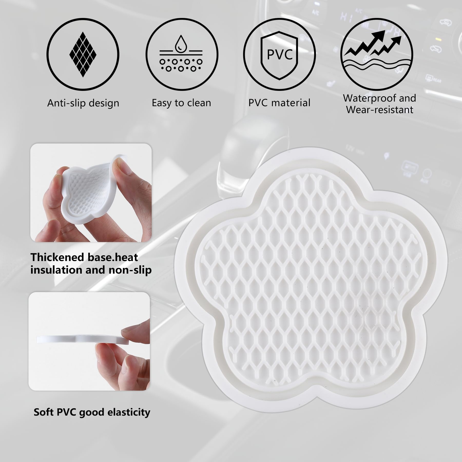 GaRhomxy Universal Non-Slip Cup Coaster, 4pcs Flower Shaped, Crystal White Interior Car Accessories