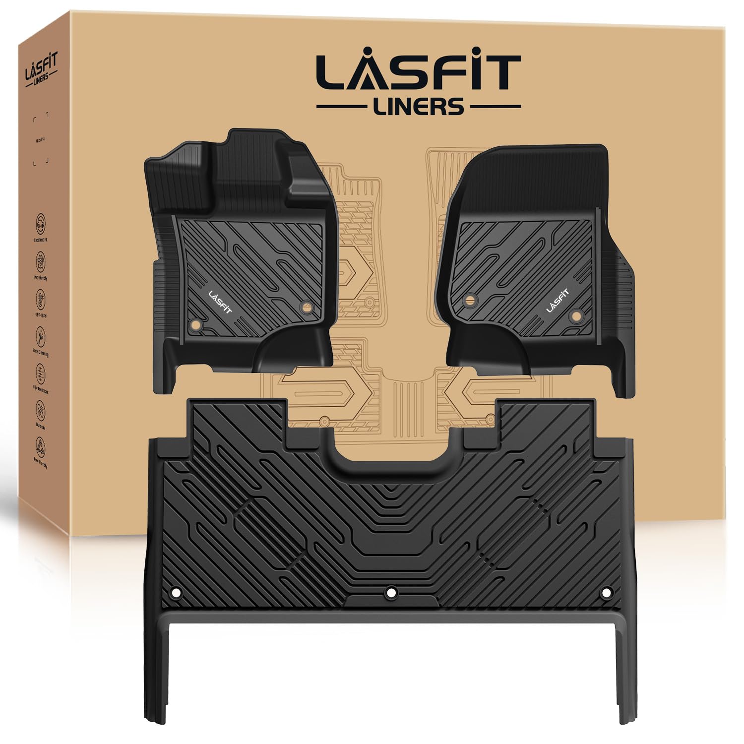 Lasfit Floor Mats For Ford F-150 2015-2025 | F150 Lightning 22-24 Supercrew (Rear With Fold Flat Storage) All Weather Car Liners