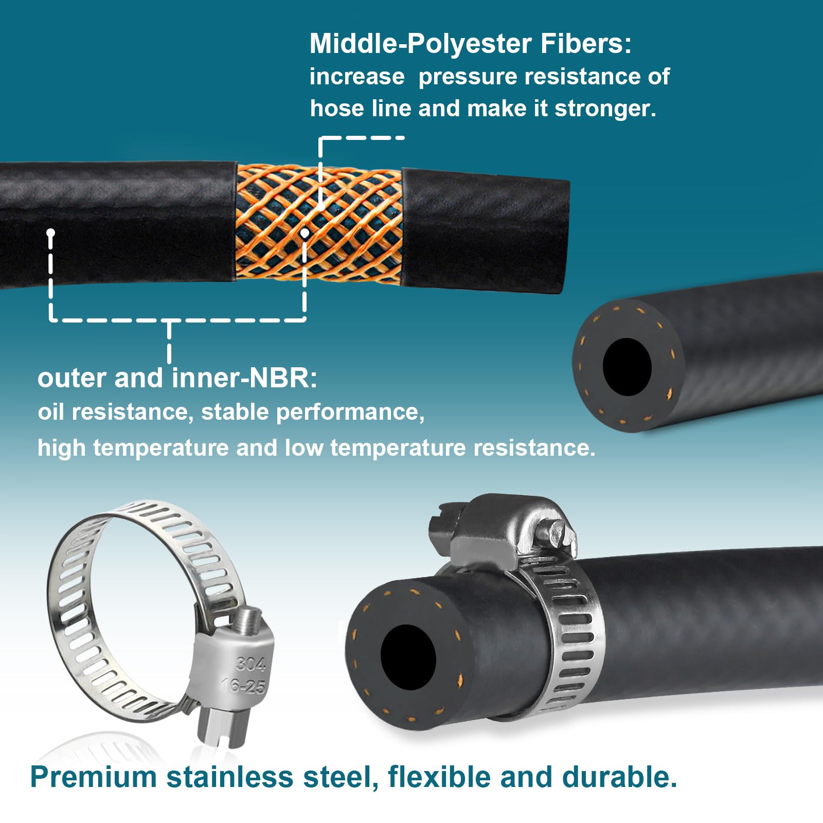 Vwtni 1/2 Fuel Line Hose 10 Feet, Nbr Rubber Gasoline Tube With 10 Pcs Stainless Steel Clamps, Fuel Line Kit