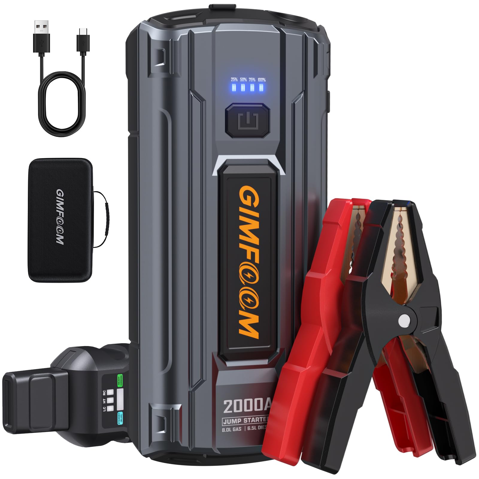 Gimfoom Jump Starter, 2000A Car Battery Jump Starter For Up To 9.0L Gas Or 7.5L Diesel Engines, 12V Portable Car Jump Starter Ba