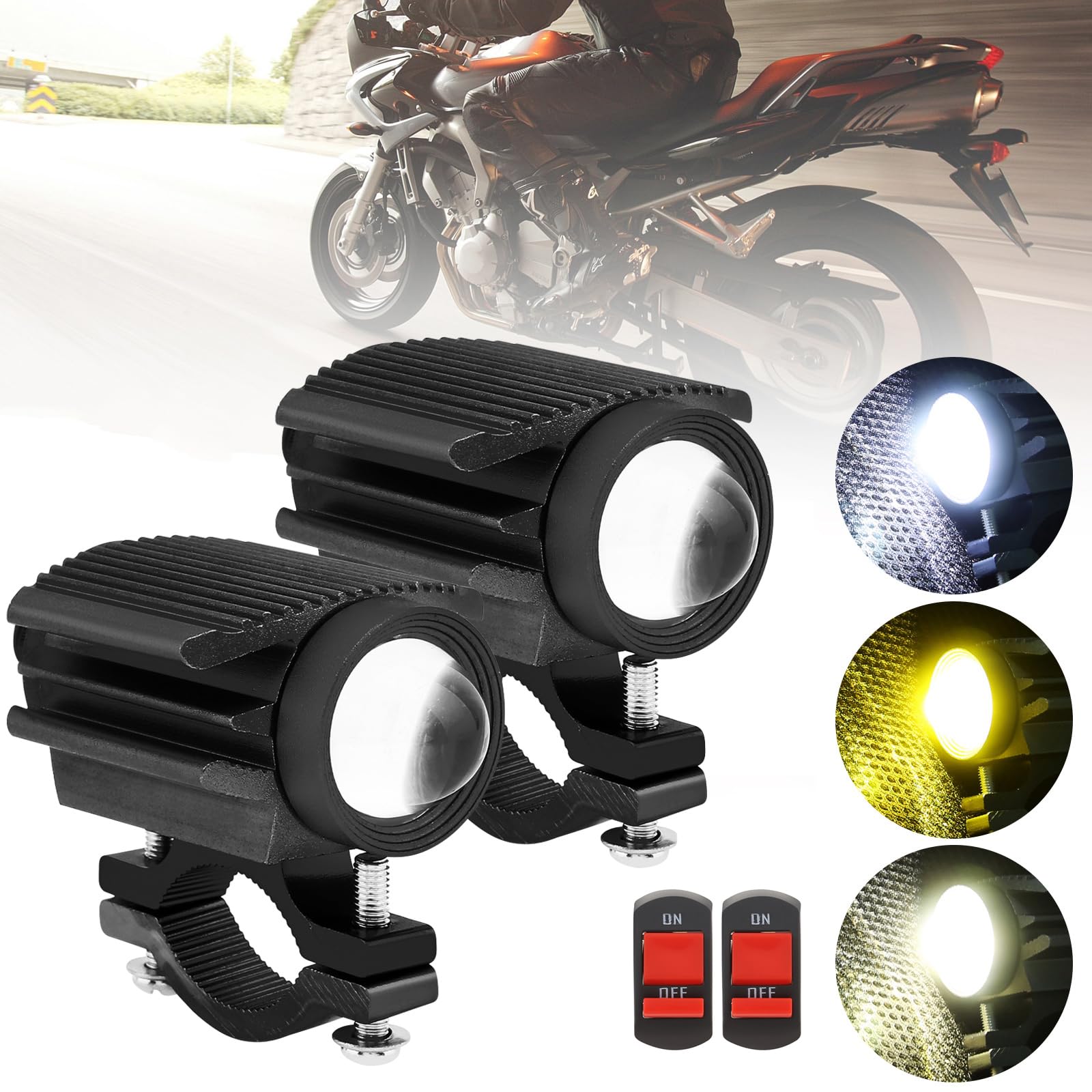 Windance 2PCS Motorcycle LED Headlight,4 Modes Hi/Lo Beam Yellow White 6500K waterproof Aux Spotlight for Tractor Truck/ATV UTV 