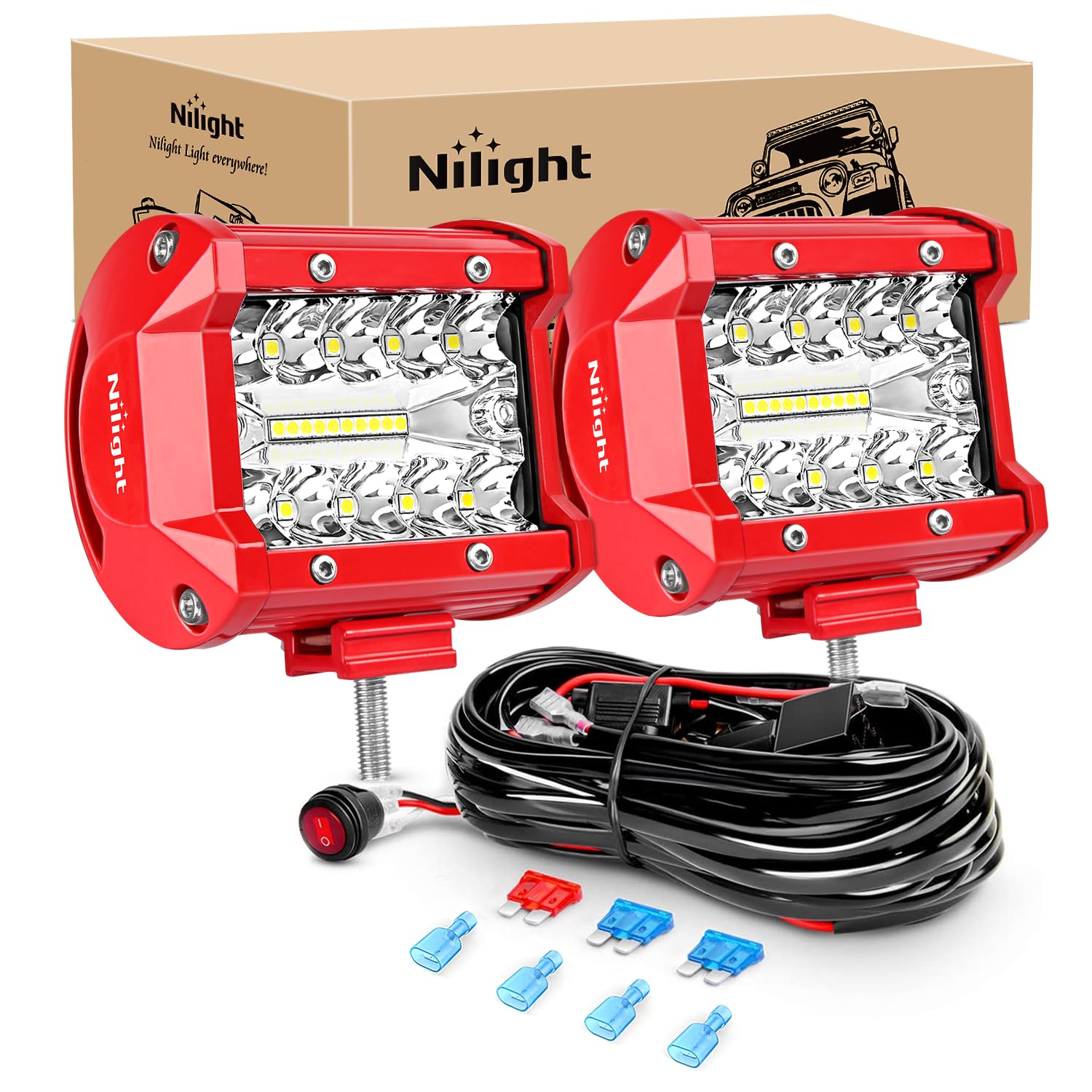 Nilight Led Light Bar 2Pcs 60W 4Inch Triple Row Spot Flood Combo Lights W/Wiring Kit For Fog Driving Work Lighting On Off-Road T