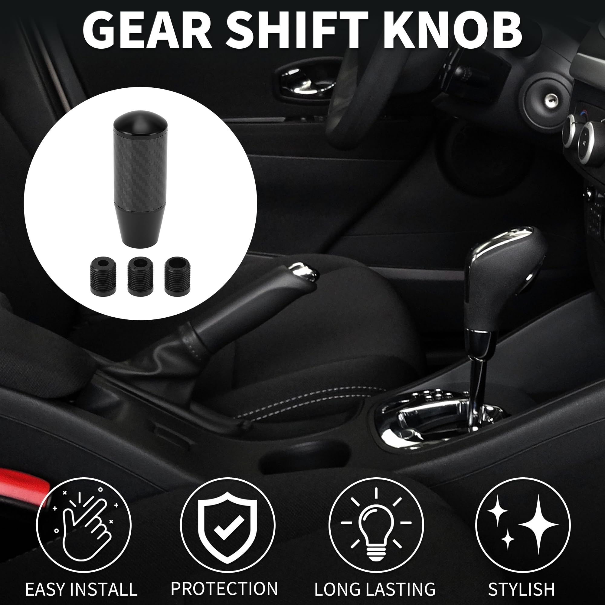 TUCKBOLD Car Shift Knob 9cm | Front Shift Lever Knob Universal for Automatic and Manual Vehicle Carbon Fiber Aluminum Alloy Blac