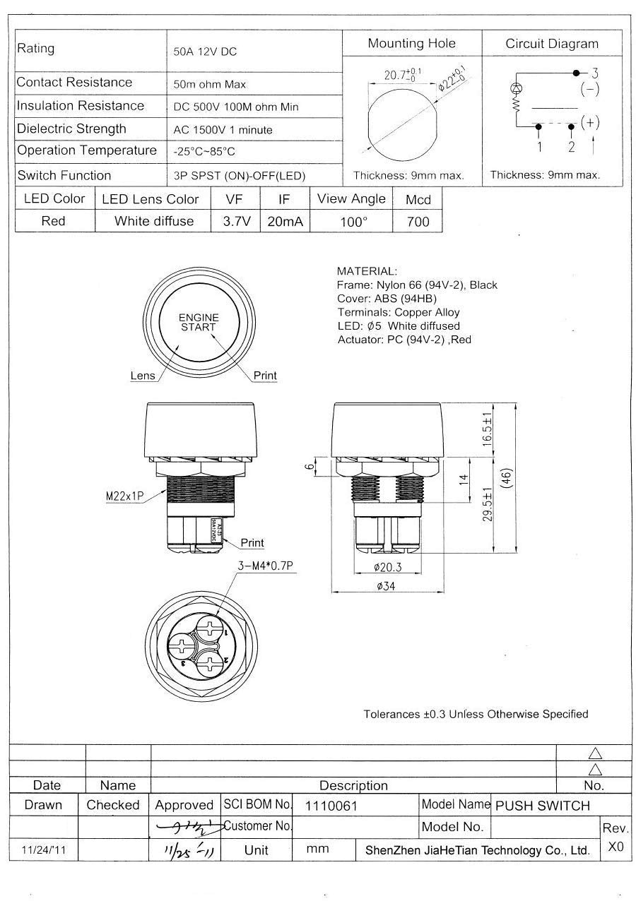 Jtron® Start Engine Button - Red 12V 50A Push Ignition Switch for Racing - Momentary Light Switch