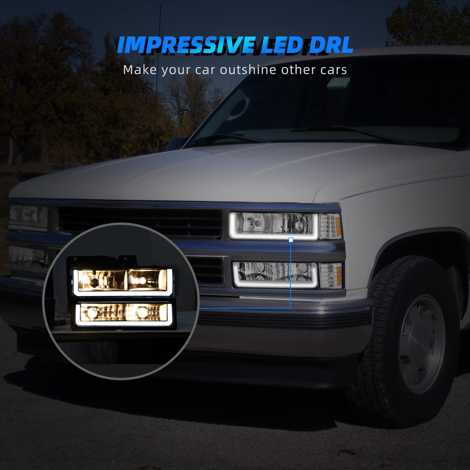 Autosaver88 Led Drl Headlights Assembly Compatible With 1994-1999 Chevy C/K C10 Suburban Tahoe Headlight Headlamp Replacement Wi