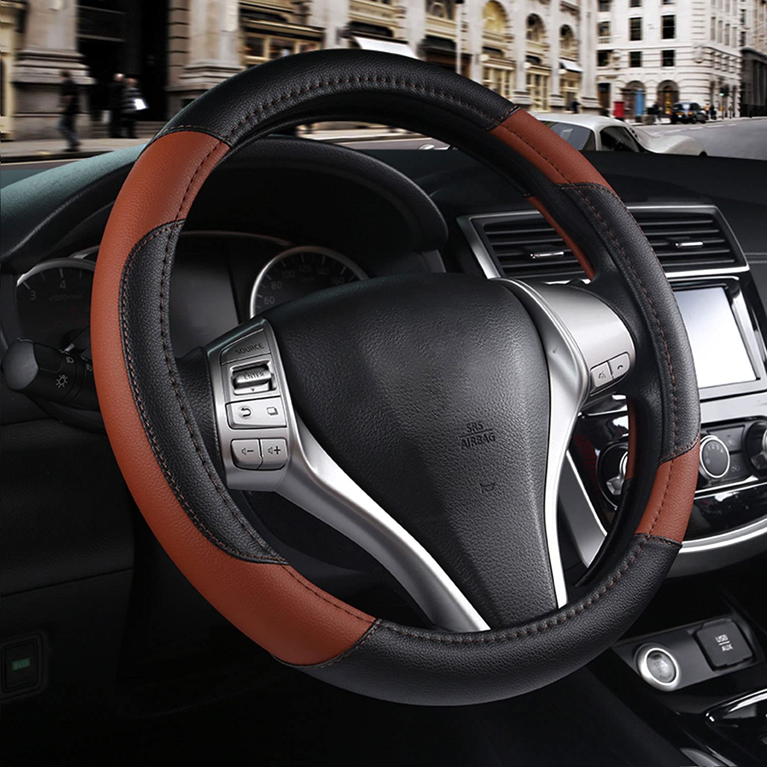 Leather Car Steering Wheel Cover, Non-Slip Car Wheel Cover Protector Breathable Microfiber Leather Universal Fit for Most Cars(B