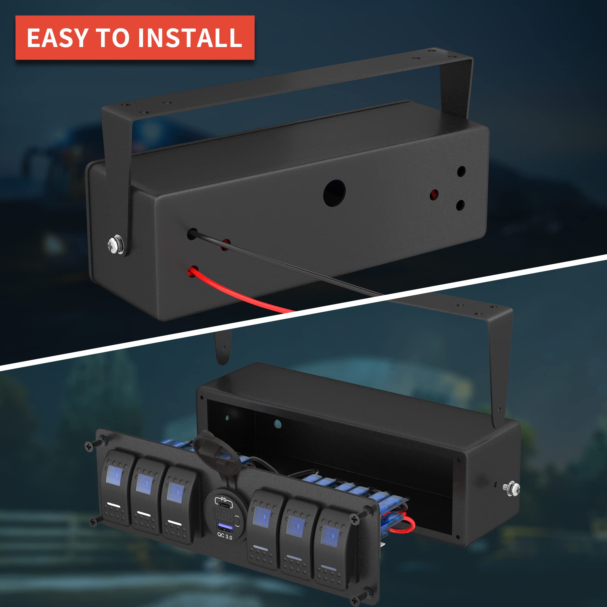 Joinfworld 6 Gang Rocker Switch Box Waterproof 12V SPST ON/Off lED Light Bar Switch Panel with Dual USB Outlet PD3.0 & QC3.0 Car