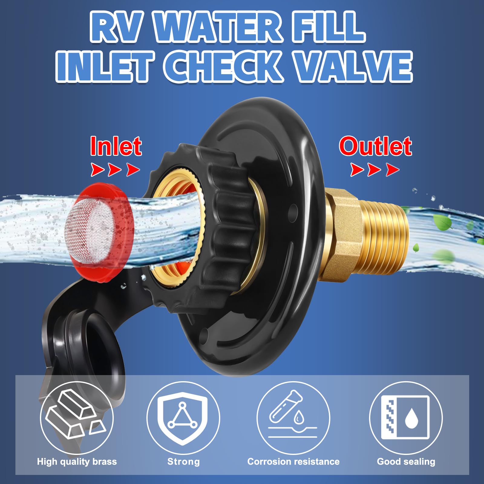 2Pcs Rv Water Inlet Replacement, Rv City Water Inlet With Check Valve, 3/4 Nh Female To 1/2 Npt Male Lead-Free Brass Rv Fresh Wa