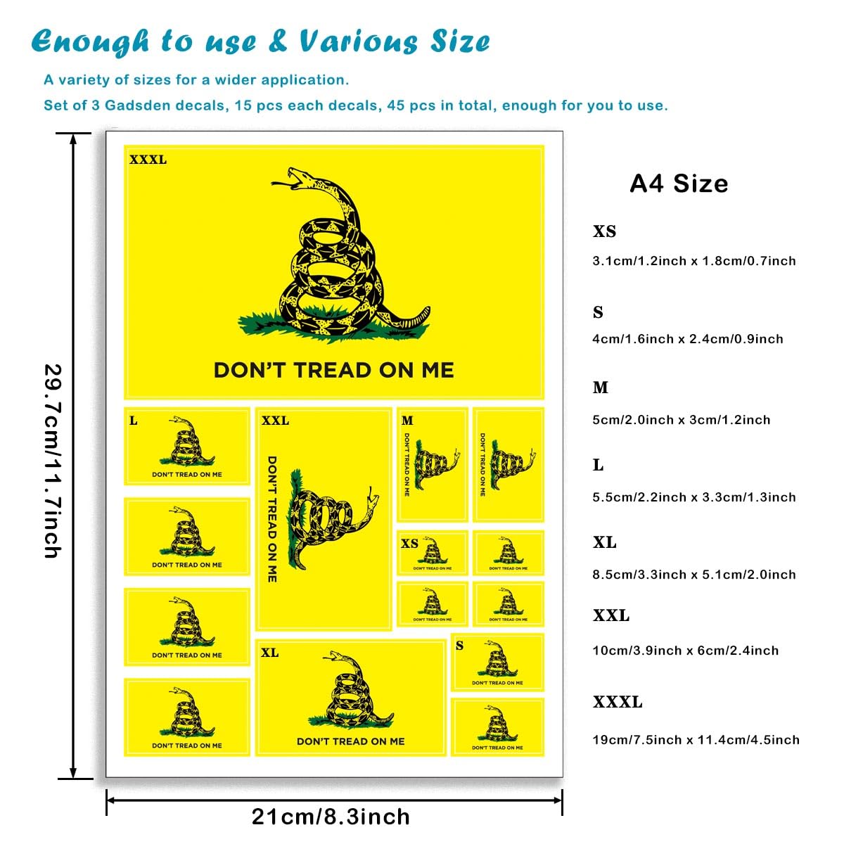 QQSD Dont Tread on Me Gadsden Flag Sticker Decal in Multiple Sizes, 3 Pack, 11.7 x 8.3 Inches